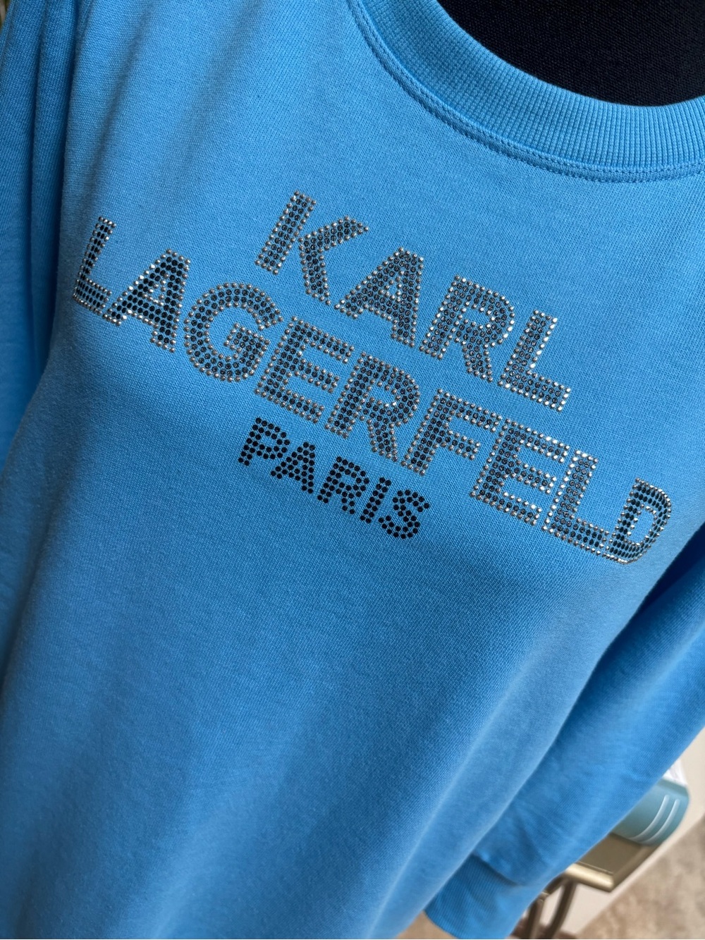 Karl Lagerfeld Blue Crystal Embellished Logo Puff Sleeve Pullover Sweatshirt